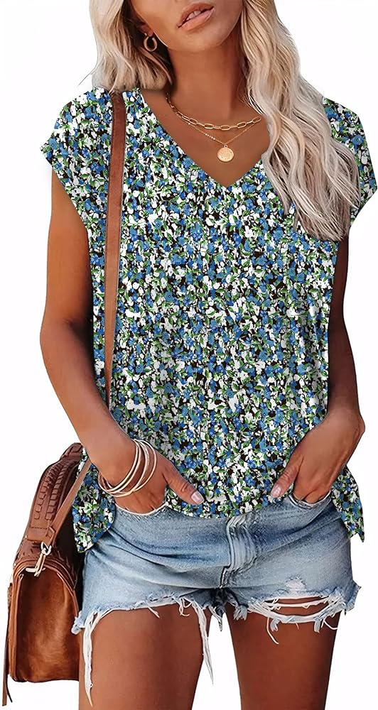 SAMPEEL Womens Summer Tops 2024 Cap Sleeve Trendy Tank Tops V Neck Loose Fit Shirts