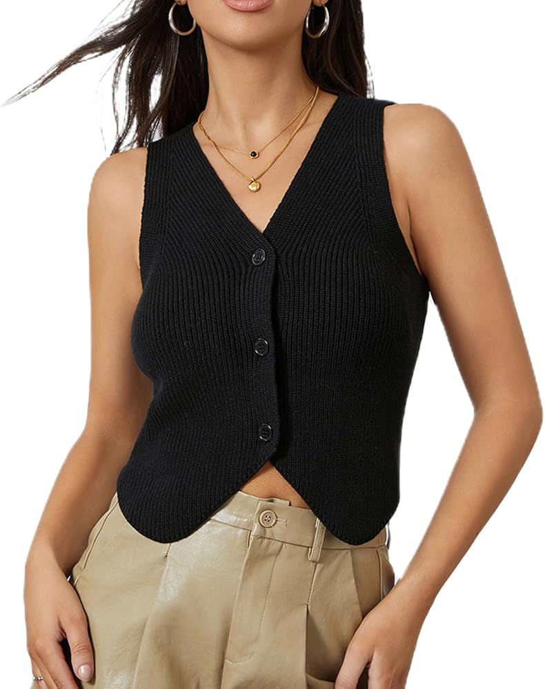 Women Knit Vest Top Y2k V Neck Sleeveless Button Up Crochet Going Out Tops Fashion Streetwear