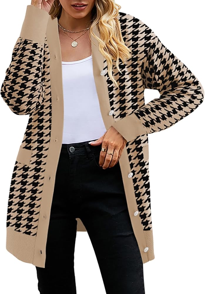 Pink Queen 2024 Fall Long Cardigan for Women Long Sleeve Open Front Button V Neck Houndstooth Cardigans Sweaters Dress