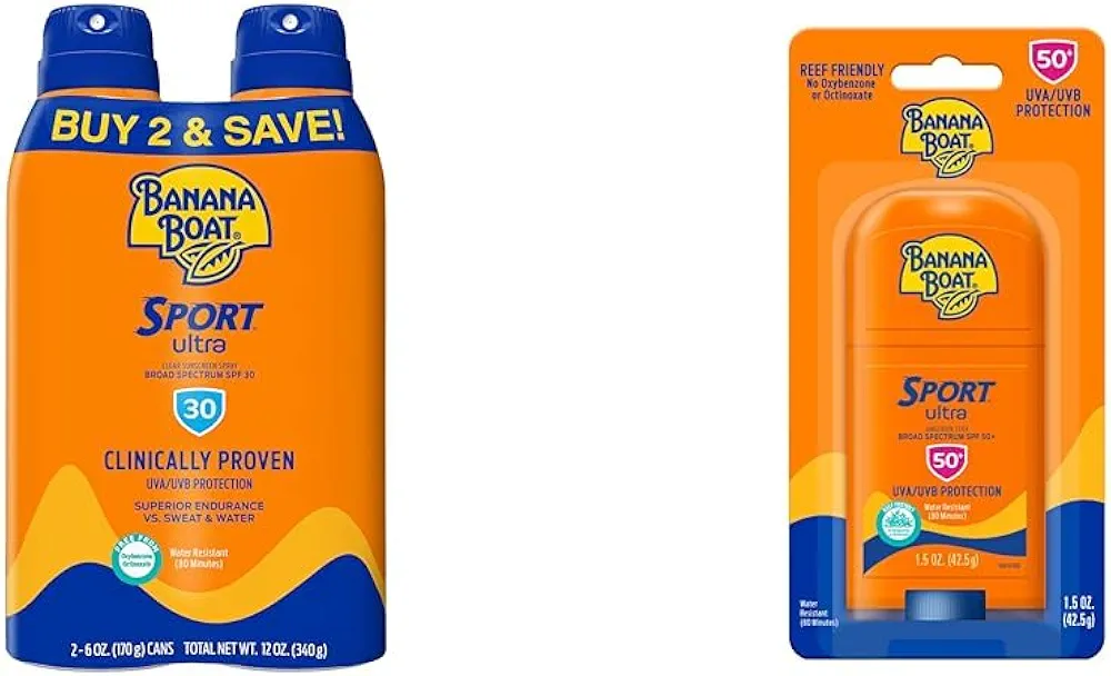 Banana Boat Sport Ultra Clear Spray SPF 30 Sunscreen Twin Pack and Sport Ultra Reef Friendly Stick SPF 50 Sunscreen