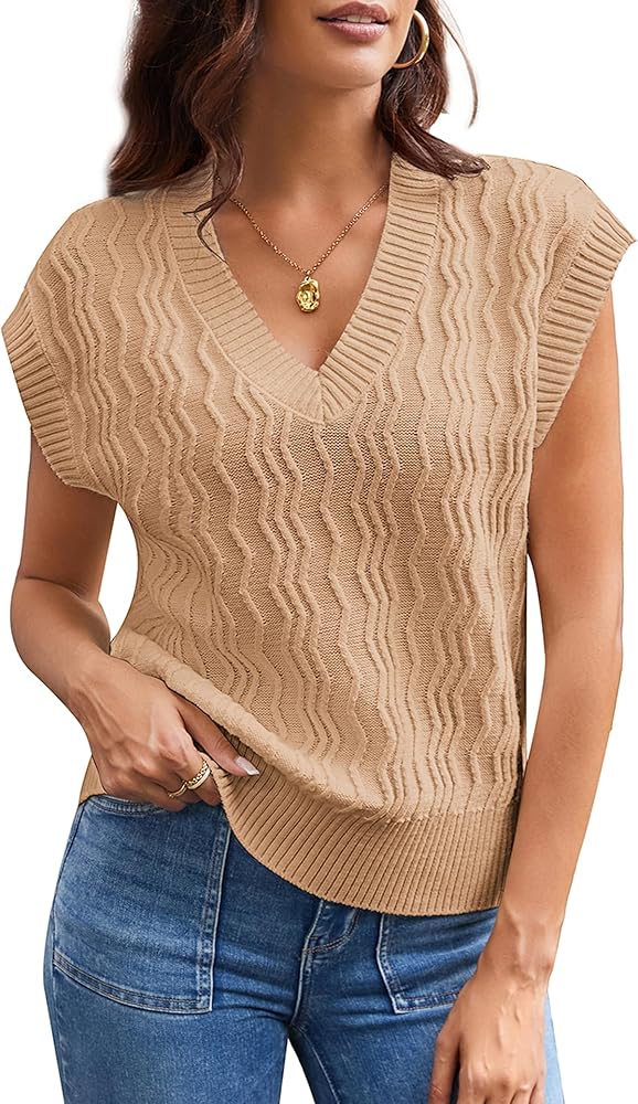 GRACE KARIN Womens V Neck Sweater Vest Ribbed Knit Casual Cap Sleeve Loose Fit Pullover Tops Fall Clothes 2024