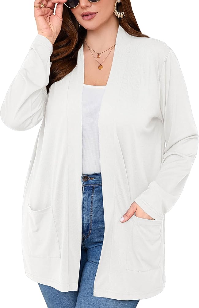 AusLook Women's Plus Size Lightweight Open Front Cardigan 3/4 Sleeve Cover Ups Shrugs Shawls and Wraps Kimono Jacket Coat