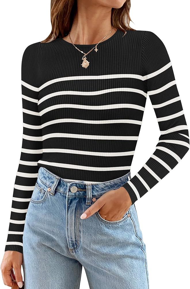 ZESICA Women's Long Sleeve Crewneck Striped Shirts 2024 Fall Ribbed Knit Sweater Slim Fitted Casual Basic Tee Tops