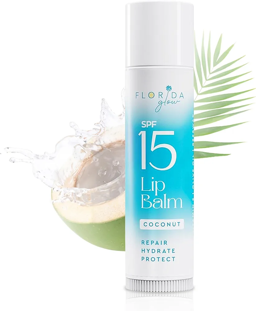 SPF 15 Lip Balm by Florida Glow - Hydrating and Moisturizing Lip Sunscreen for Men and Women and Kids - Oxybenzone Free SPF Lip balm with Sunscreen - Travel size Lipbalm Sunblock (Coconut)