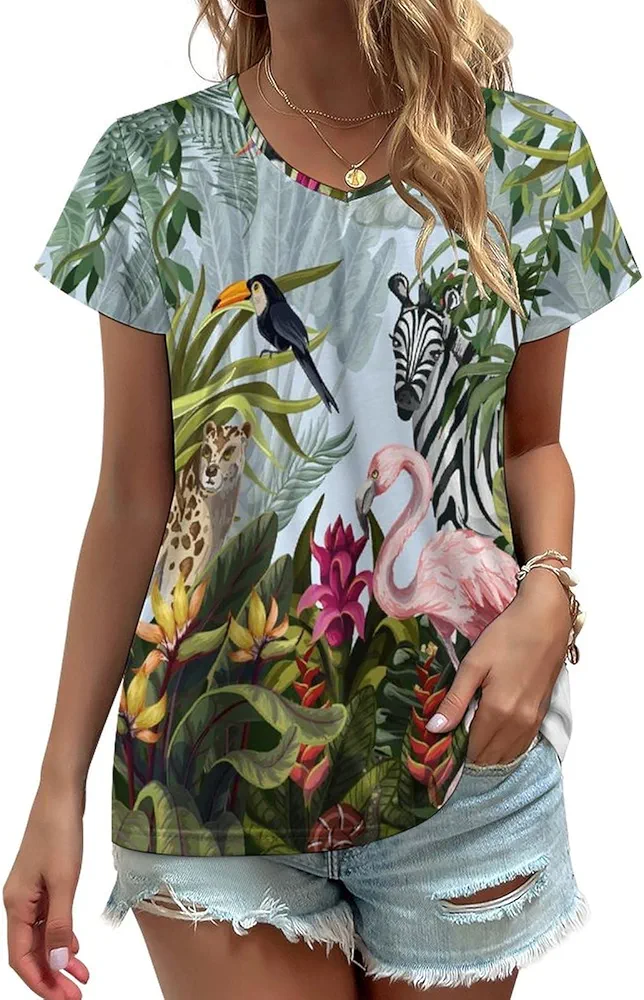 Jungle Landscape with Wild Animals Print Blouses for Women V Neck T-Shirt Casual Tops Short Sleeve Tunic