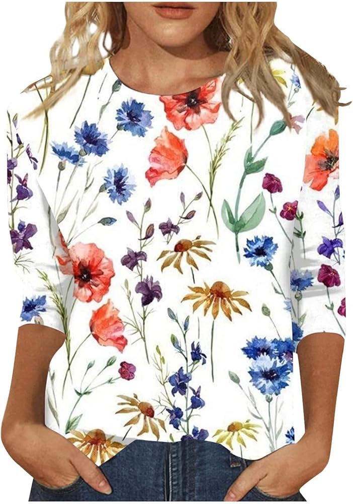 3/4 Sleeve Shirt for Women Crew Neck Floral Blouse Length Sleeve Womens Tops Dressy Casual T-Shirt Painting Graphic Tees