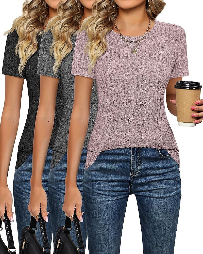 Ficerd 3 Pack Women's Knit Tops, Short Sleeve Crew Neck Shirts Summer Casual Loose Fit Tunic Tops Ribbed Basic Tee Blouses