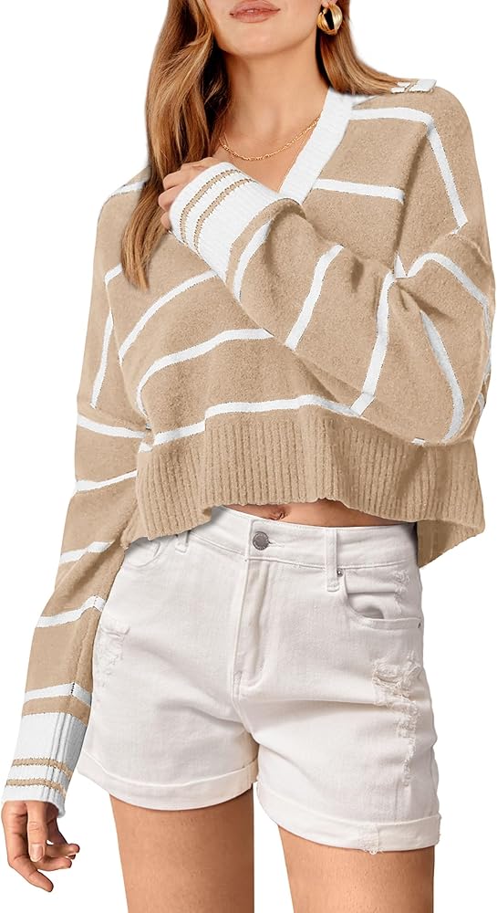 PRETTYGARDEN Women's Pullover Striped Sweaters Casual Lapel V Neck Long Sleeve Ribbed Knit Loose Jumper Top