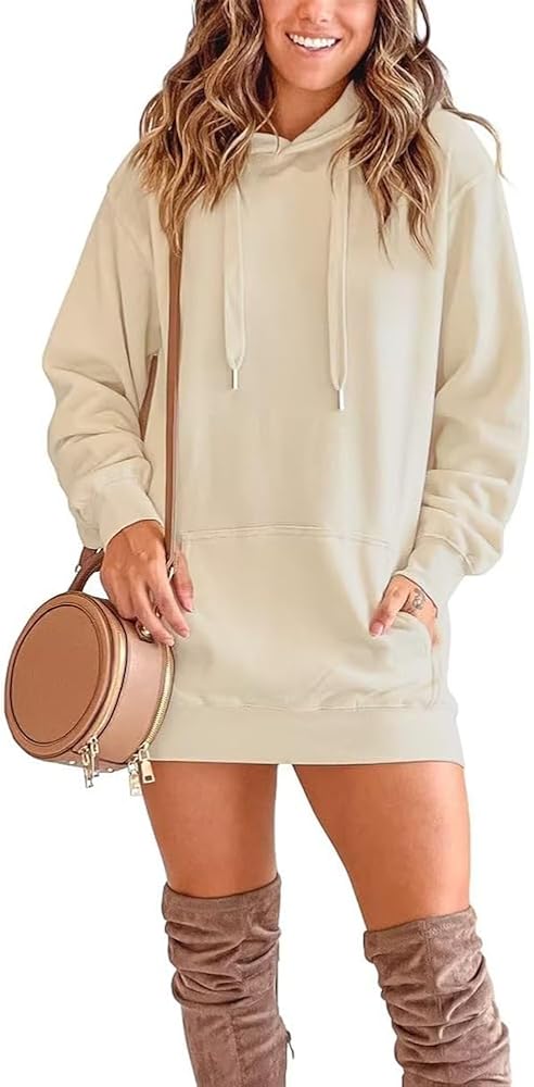 Dressmine Womens Long Sleeve Drawstring Hoodie Dress Winter Casual Loose Pullover Trendy Sweatshirts with Kangaroo Pocket