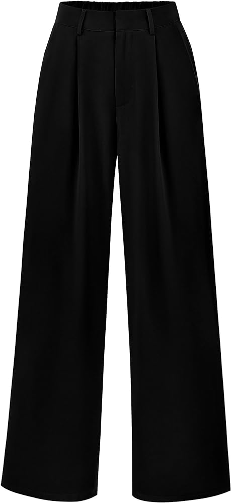 KIRUNDO Women's Elastic High Waisted Wide Leg Dress Pants Loose Fit Pleated Front Business Casual Work Pants Trousers