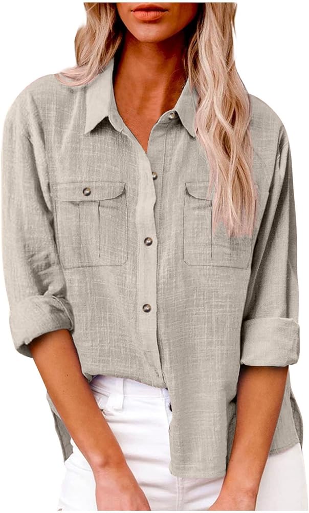 Womens Button Down Cotton Linen Shirts V Neck Roll Up Long Sleeve Wrinkle-Free Blouses Loose Collared Shirt Fall Casual Tops