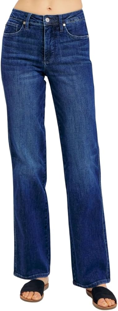 Judy Blue Women's Mid Rise Tummy Control Straight Jeans, Stretch Denim Comfort Fit for Everyday Wear - 88861