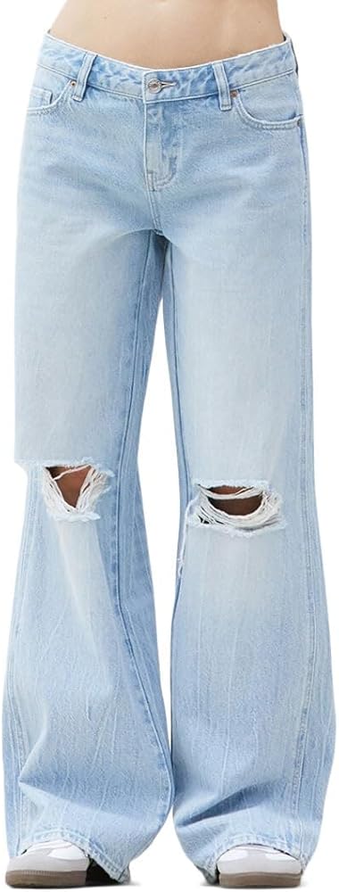 PacSun Women's Light Indigo Ripped Low Rise Baggy Jeans