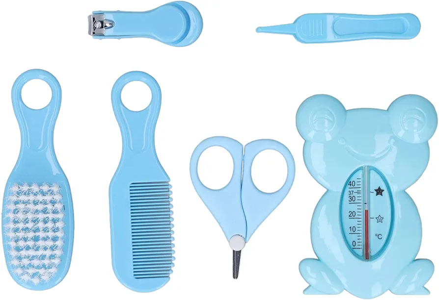 Baby Healthcare and Grooming Kit, 6 Pcs with Hair Brush, Comb, Nail Clipper, Safety Scissors, Booger Clip, Thermometer, Safety Newborn Nursery Care Set for Newborn Infant Girls Boys(Blue)