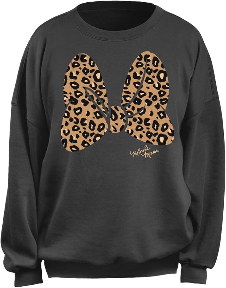 Disney Women's Junior's Animal Print Bow Oversized Fleece, Charcoal, Small