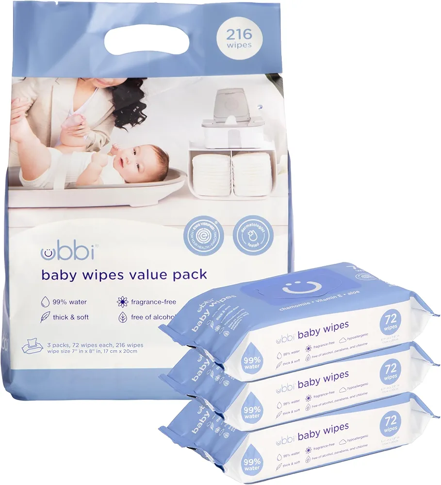 Ubbi Fragrance-Free Baby Wipes, 99% Water Based, Plant Based Wipes, Hypoallergenic for Sensitive Skin with Chamomile, Vitamin E & Aloe, EWG Verified, Value Pack, 3 Pack