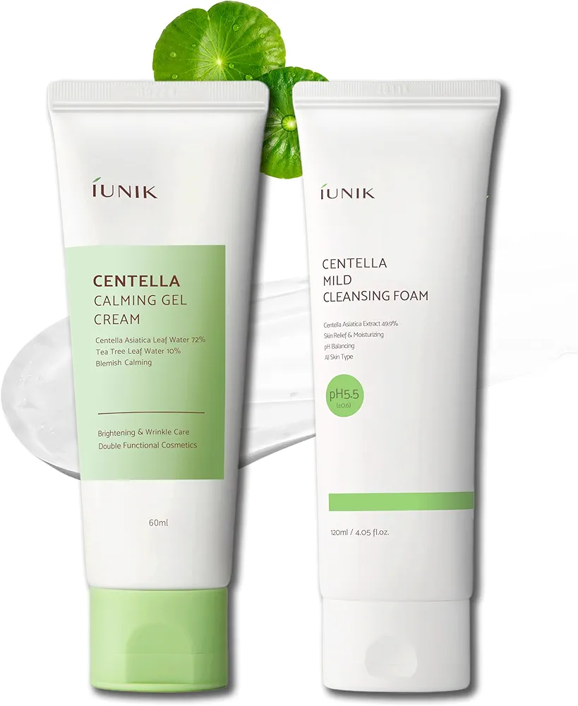 IUNIK Centella Calming Gel Cream & Mild Facial Foaming Cleanser Non-Sticky Non-Stripping Moisturizing Balancing Blemish Care for Oily Dry Sensitive Acne-prone Skin Korean Skincare