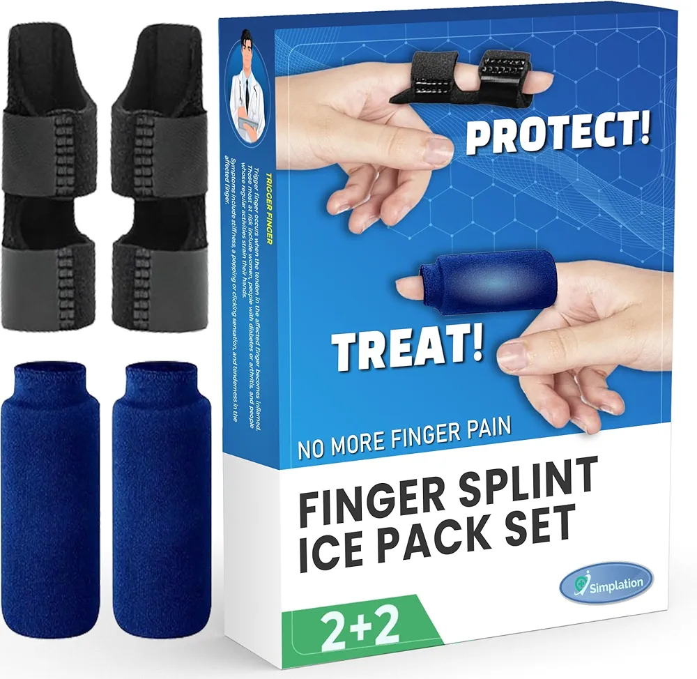 Simplation Trigger Finger Splint and Ice Pack (2+2 Set) for Pain Relief, Knuckle Immobilization, Straightening Arthritis, Injured Mallet Finger, Fits Index, Middle, Ring Finger