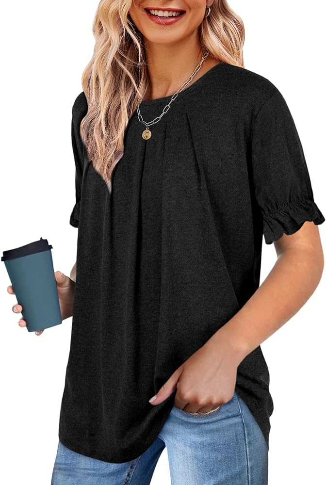 LCXWFE Womens Tops Dressy Casual Summer Shirts Crew Neck Pleated Ruffle Sleeve Tops for Women