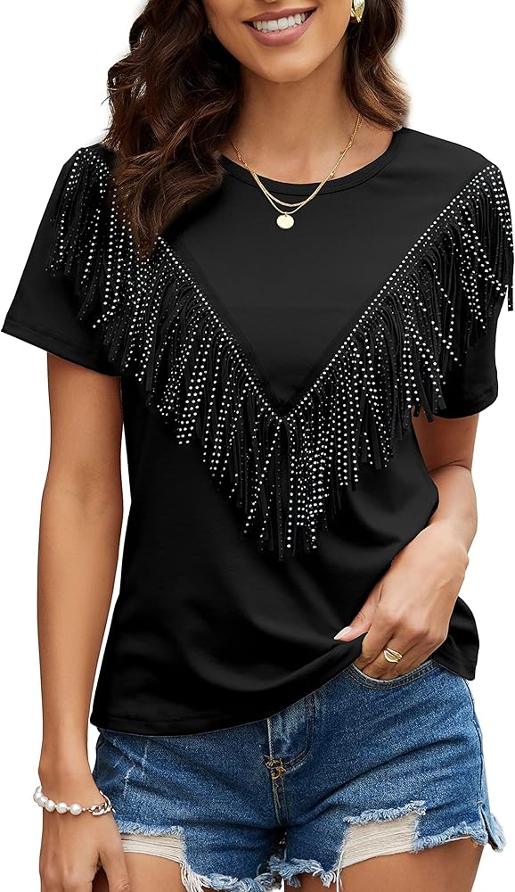 PESION Women's Fringe Trim Shirts Short Sleeve Tassel Trim Blouse T-Shirt Tops