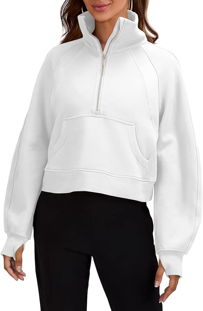 Womens Sweatshirts Half Zipper Crop Pullover Funnel Neck Fleece Lined Zip Up Long Sleeve Tops Thumb Hole