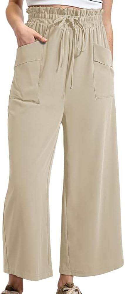 Dokotoo Womens Summer Wide Leg Casual Cropped Pants Elastic High Waisted Drawstring Trousers