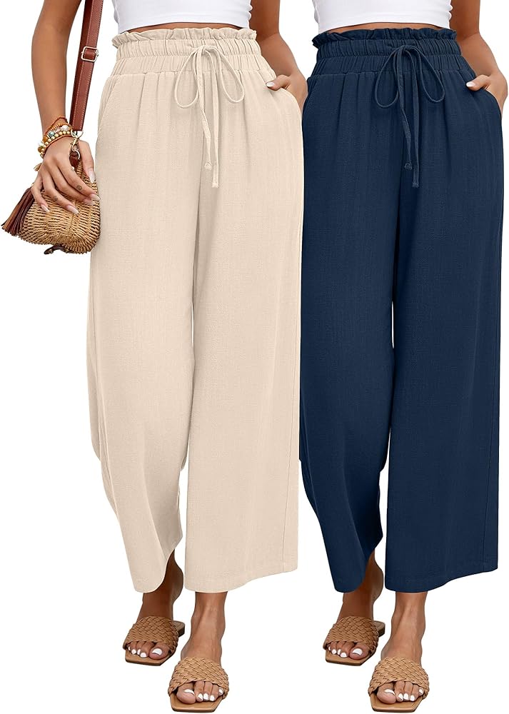 Riyiper 2 Pcs Women's Wide Leg Pants, Casual Linen High Waisted Cropped Trousers with Pockets Drawstring Loose Palazzo Pants