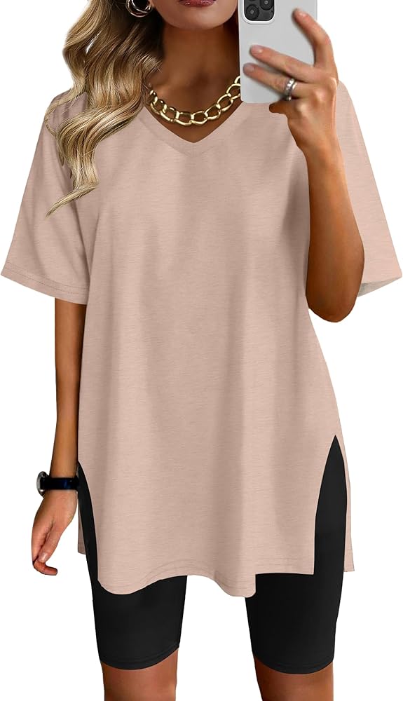 AGSEEM T Shirts for Women Short Sleeve V Neck Summer Tops Oversized Tee Side Slit