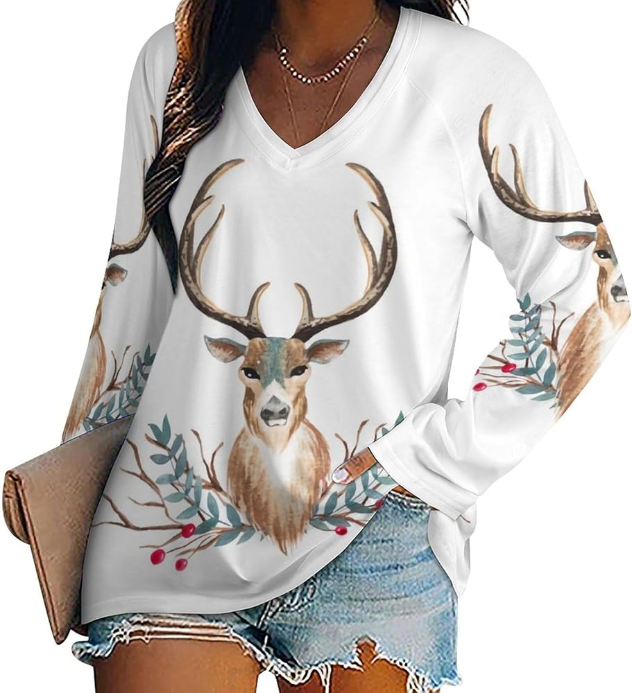 Watercolor Reindeer Loose Womens Shirts Long Sleeve Tees Tops Casual V-Neck Graphic Blouses