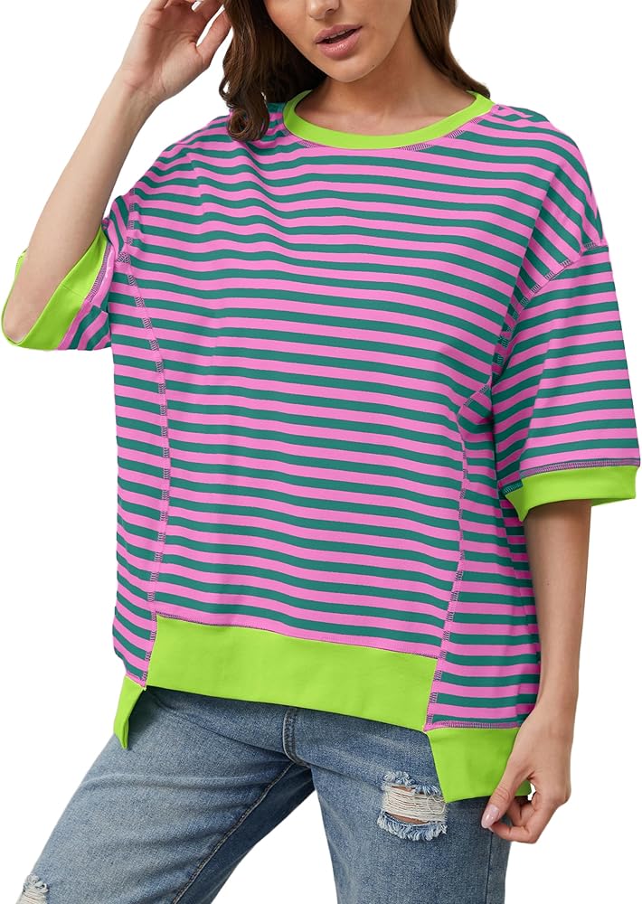 Women Oversized Striped Color Block T-Shirts Loose Crew Neck High Low Pullover Blouse Top Short Sleeve Tee Shirt