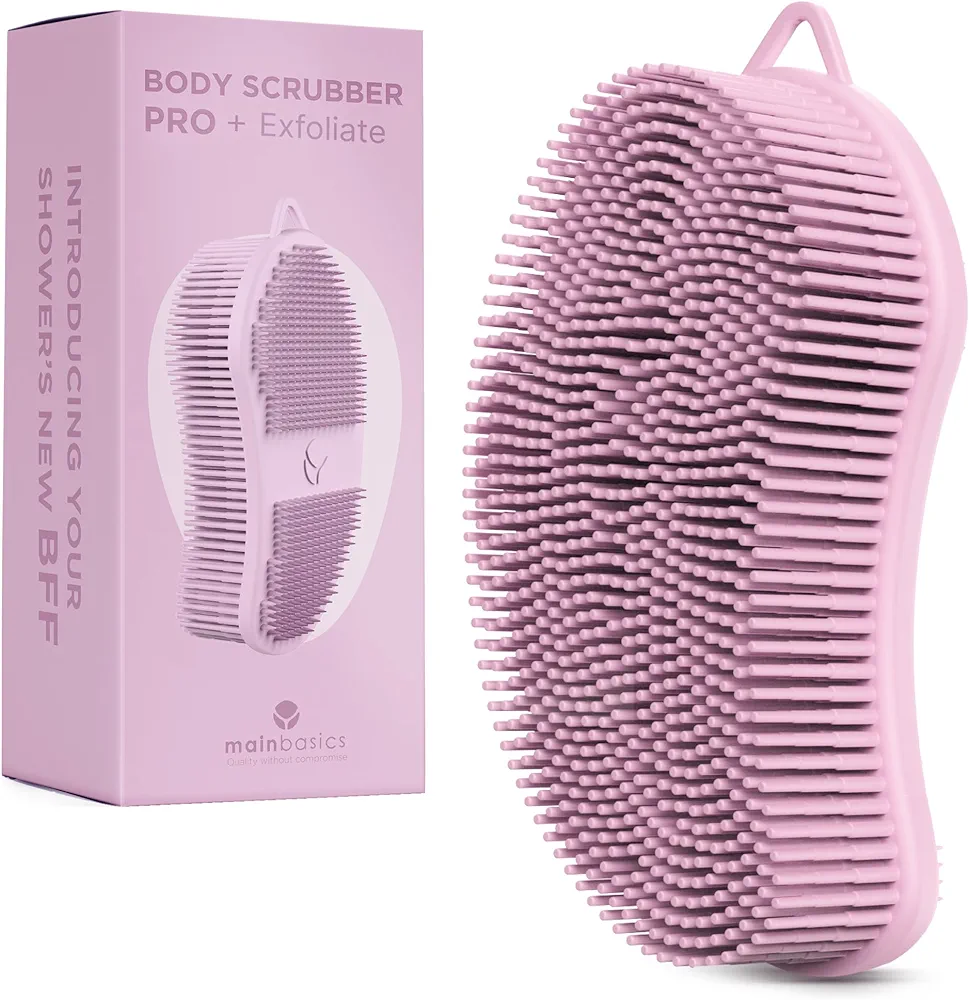 MainBasics Exfoliating Silicone Body Scrubber Pro 2-in-1 Shower Scrubber for Body, Silicone Loofah and Body Exfoliator (Pale Pink, Body + Exfoliate)