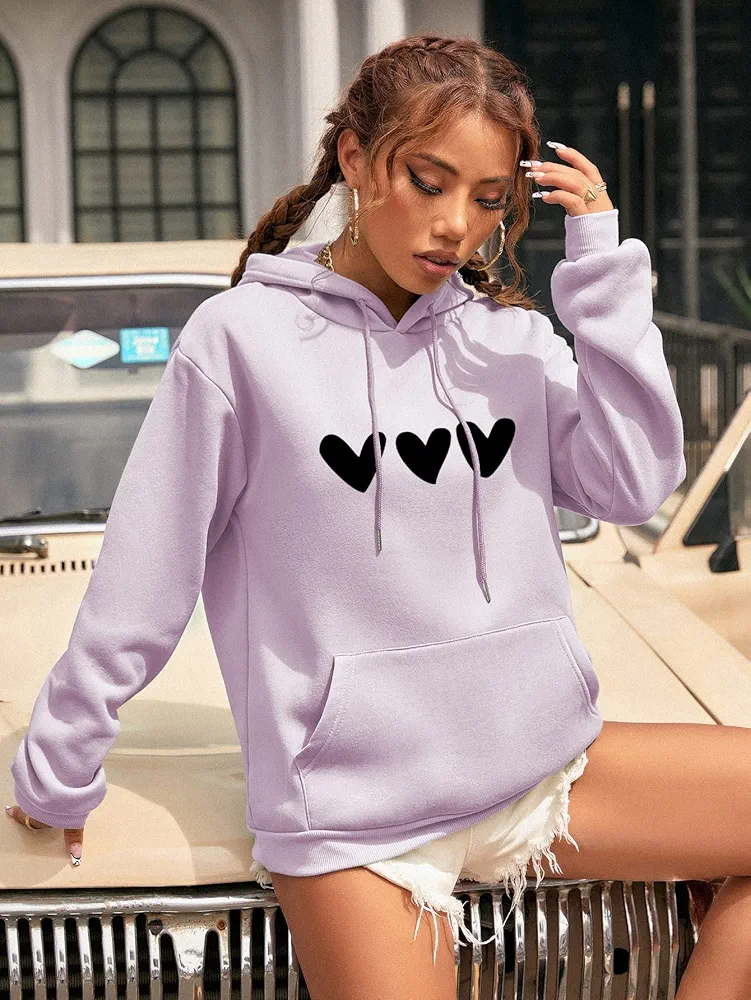 Sweatshirtw for Women - Heart Print Kangaroo Pocket Drop Shoulder Drawstring Thermal Hoodie (Color : Lilac Purple, Size : Medium)