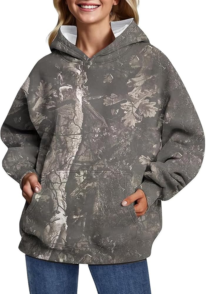 Womens Oversized Camo Graphic Hoodie Y2k Maple Leaf Print Long Sleeve Preppy Sweatshirts with Pockets Teen Girls