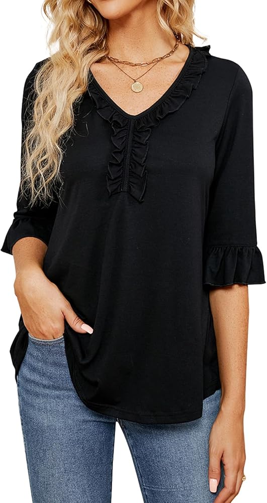 Poetsky Women's 3/4 Sleeve Tops Casual V Neck Shirts Loose Ruffle Tunic Blouses