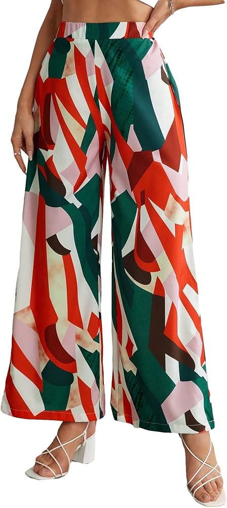 SOLY HUX Women's High Waist Print Wide Leg Pants Boho Loose Casual Long Palazzo Fit Pants Trousers