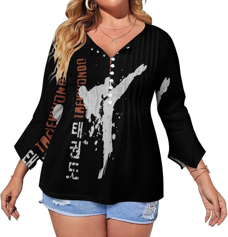 Taekwondo Cute Womens T-Shirts 3/4 Sleeve Button Down Tee Tops Blouse Summer Beach