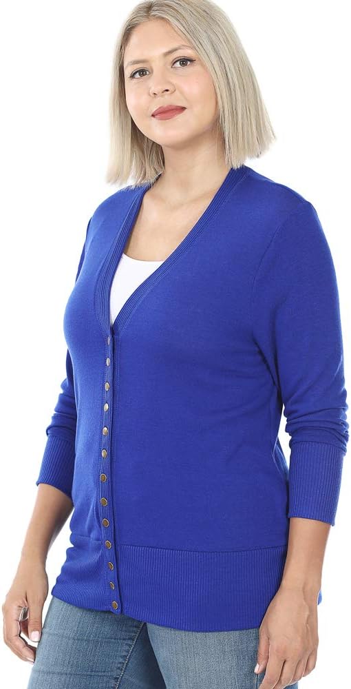 Zenana PLUS SNAP BUTTON SWEATER CARDIGAN with RIBBED DETAIL Denim Blue 2X