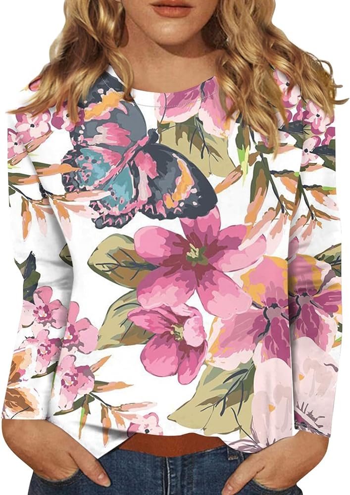 Women’s Long Sleeve Floral Print Shirt Fall Plus Size Trendy Clothes Cute Party Office Clothing