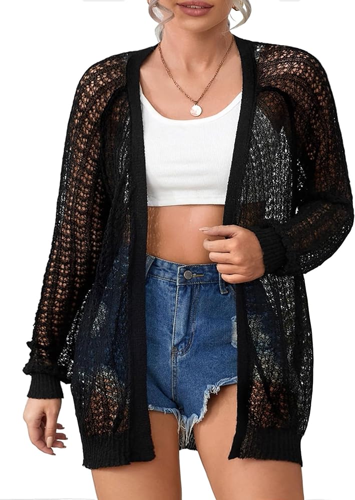 Women Plus Size Crochet Cardigan Lightweight Long Sleeve Casual Open Front Cardigan Coverups