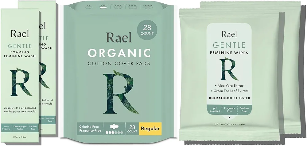 Rael Feminine Care Bundle - Foaming Feminine Cleansing Wash (2 Pack), Feminine Wipes (2 Pack), Organic Cotton Cover Regular Pads with Wings (28 Count)