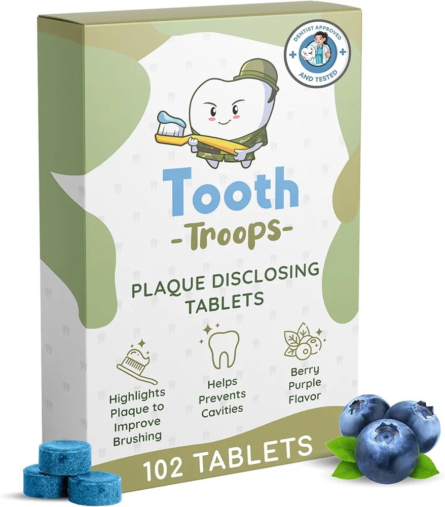 Plaque Disclosing Tablets for Kids & Adults. 102 Count, Blueberry Flavor. Plaque Tablets Help Build Healthy Brushing Habits. Tested by Dentists. Plaque Tablets for Kids Brushing Teeth.