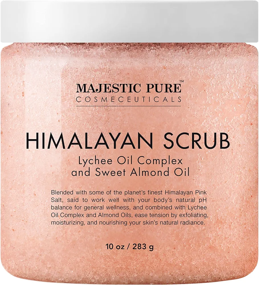 MAJESTIC PURE Himalayan Salt Body Scrub with Lychee Oil, Exfoliating Salt Scrub to Exfoliate & Moisturize Skin, Deep Cleansing - 10 oz