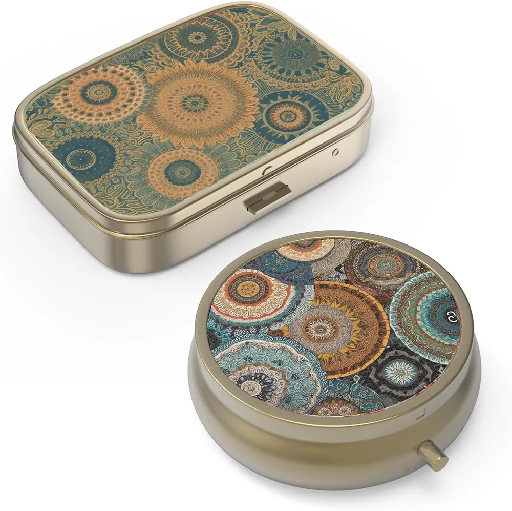 Pill Organizer Pill Box with Mirror Retro Small Pill Case for Purse or Pocket Bronze Pill Box or Vitamins, Fish Oil, Supplements, Pill Containe Travel Gifts（2PCS-Retro Mandala）