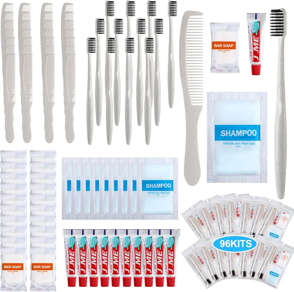 Hushee 96 Sets Bulk Hygiene Kit for Homeless, Includes Shampoo Soap Bar Comb Toothbrushes with Toothpaste Individually Wrapped Basic Toiletry Kits for Travel Charity Hotel Hospitality Industries