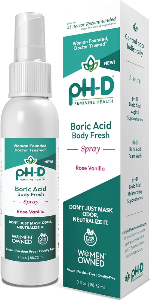 pH-D Feminine Health - Boric Acid Body Fresh Spray - Vegan, Paraben-Free, Plant Based - Rose Vanilla Scented - 3oz.