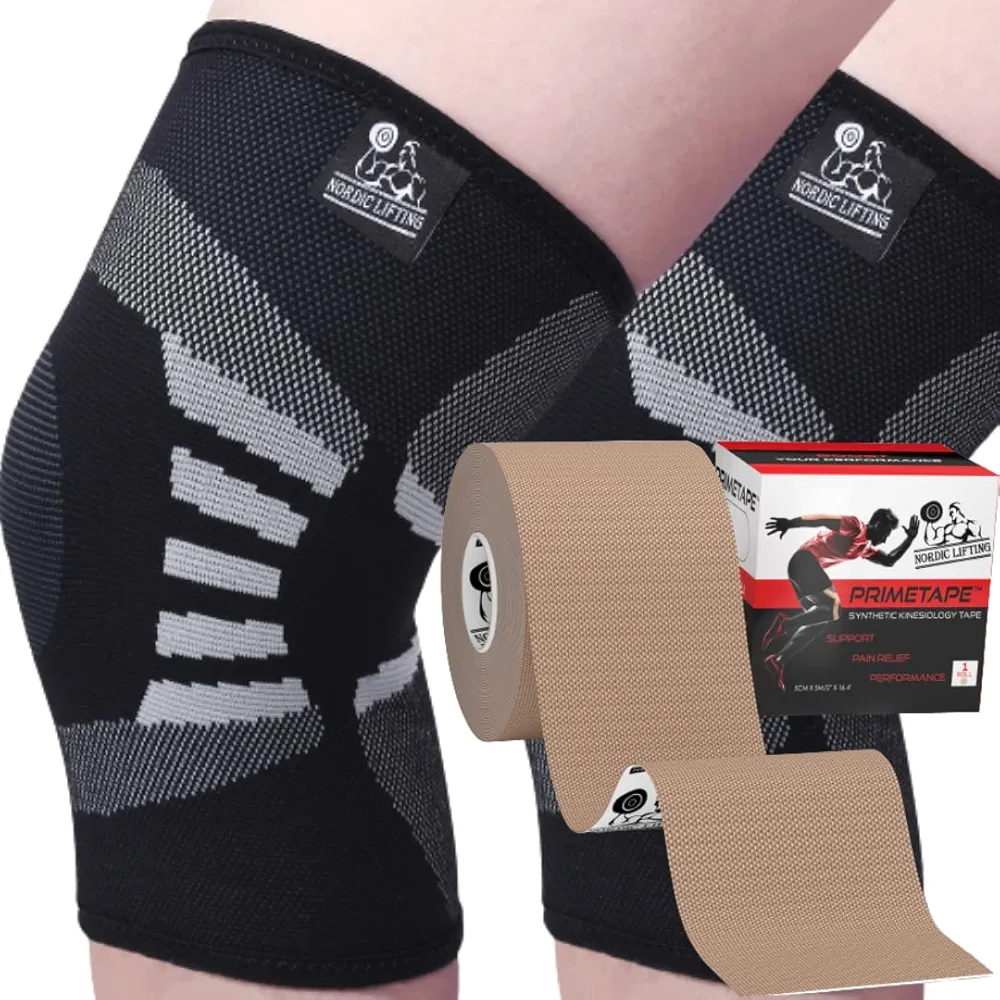 Nordic Lifting Knee Compression Sleeves Medium Bundle with Kinesiology Tape 1p - Beige