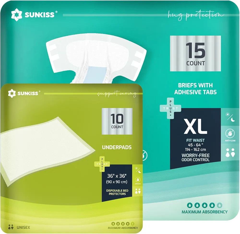 SUNKISS TrustPlus Adult Diapers XLarge 15 Count & Disposable Incontinence Underpads 36" x 36" 10 Count Bundle - Overnight Leak Protection, Odor Control, Super Absorbency