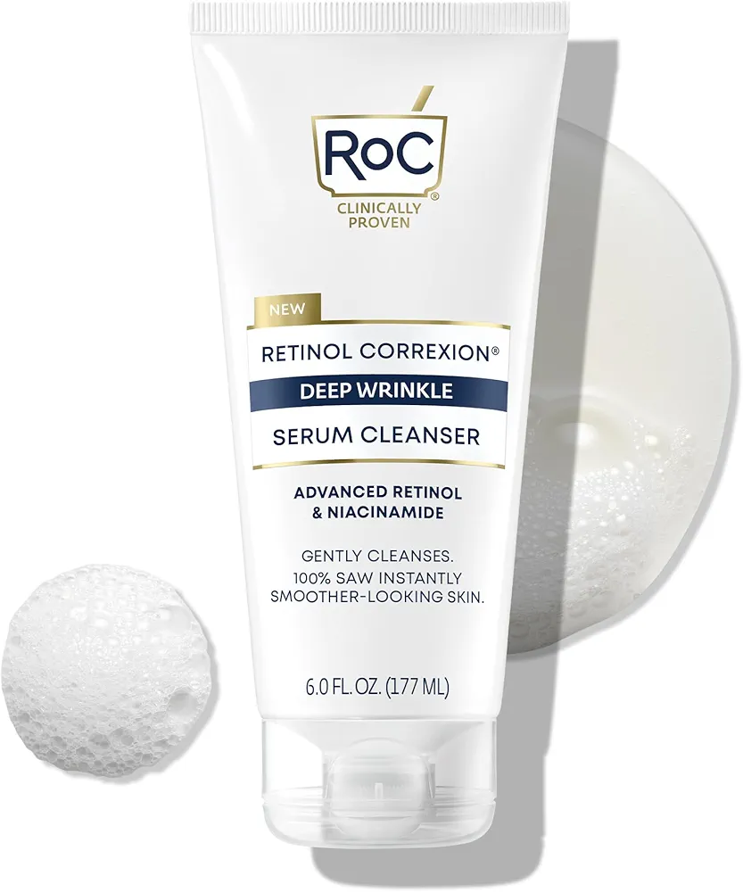 RoC Retinol Correxion Deep Wrinkle Serum Facial Cleanser with Niacinamide for Anti-Aging and Fine Lines, Long-Wear Makeup Remover, Fragrance Free Skin Care, Opthalmologist Tested, 6 Ounces