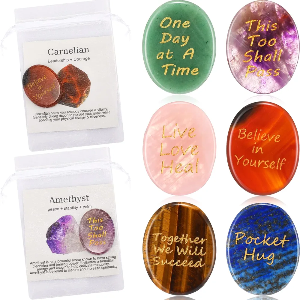 6 Set Calming Crystals with Cards and Mesh Bags Thinking of You Gifts Inspirational Heal Worry Stone Stress Relief Meditation for Women Men