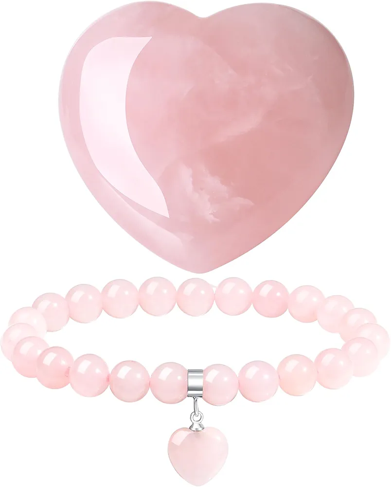 MAIBAOTA Rose Quartz Heart and Heart Charm Bracelet